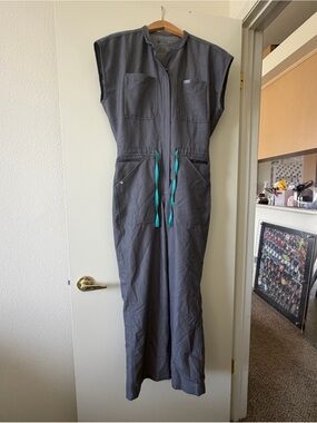 Figs Gray Jumpsuit with Teal Drawstring